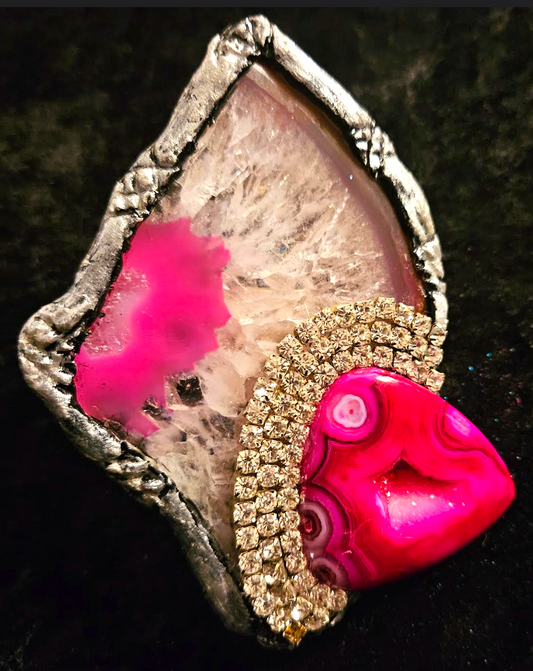 Hot Pink Druzy Agate & Rhinestone Sculpted Statement Ring - Sexy
