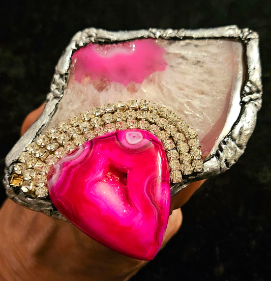 Statement Ring Druzy Agate Hot Pink & Rhinestone, Hand Ring Sculpte