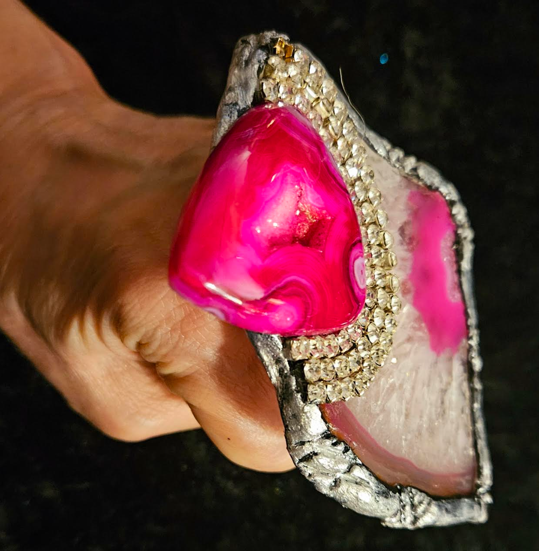 Statement Ring Druzy Agate Hot Pink & Rhinestone, Hand Ring Sculpte