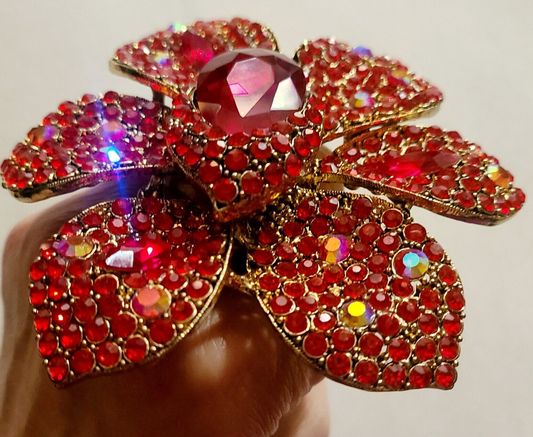 Red Rhinestone Floral Oversized Adjustable Hand Ring - Bridal Wedding