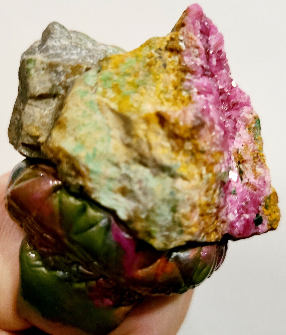 Statement Ring Sculpted Pink Crystals Green Orange, Finger CandyRaw