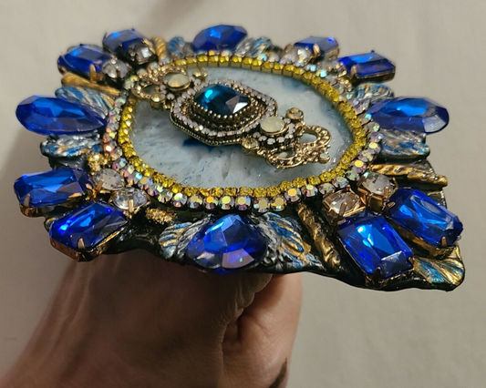 Hand Ring Three Finger Blue Agate Crystal Art Deco, Statement Ring