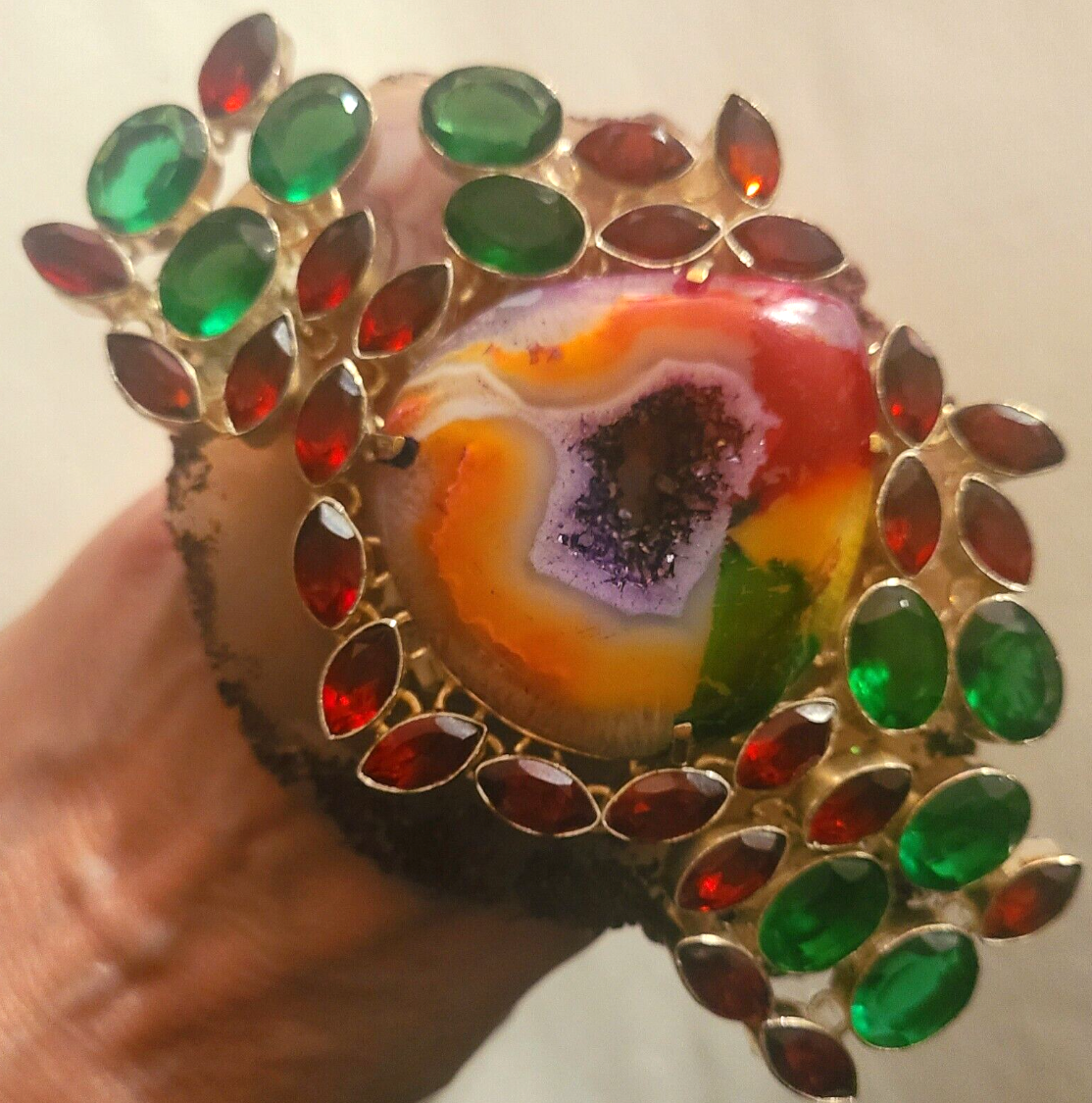 Hand Ring Druzy Solar Agate Red Green Crystals, Finger Candy Adjust