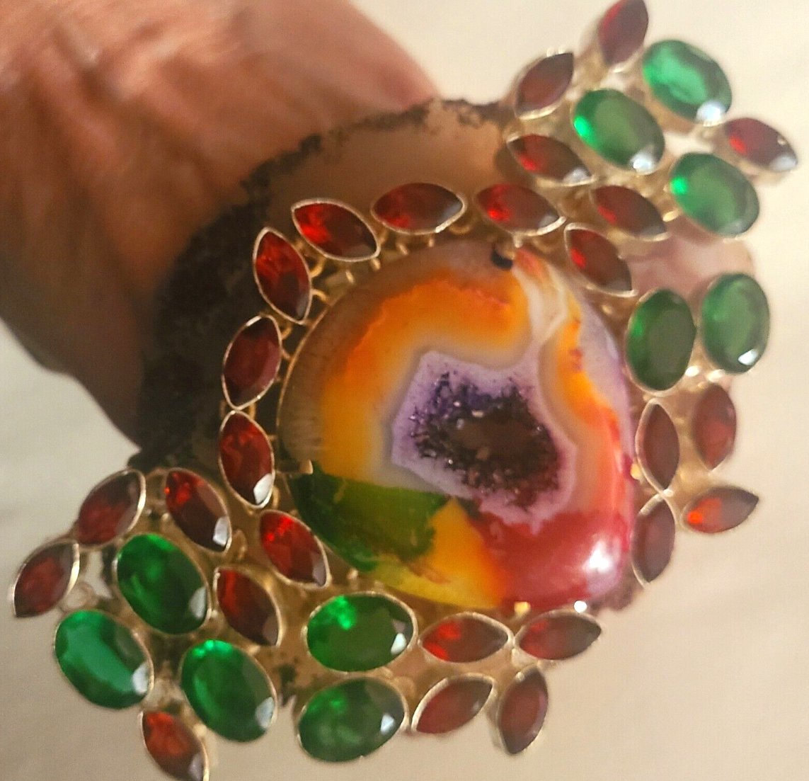 Hand Ring Druzy Solar Agate Red Green Crystals, Finger Candy Adjust