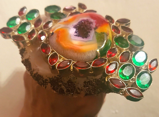 Hand Ring Druzy Solar Agate Red Green Crystals, Finger Candy Adjust