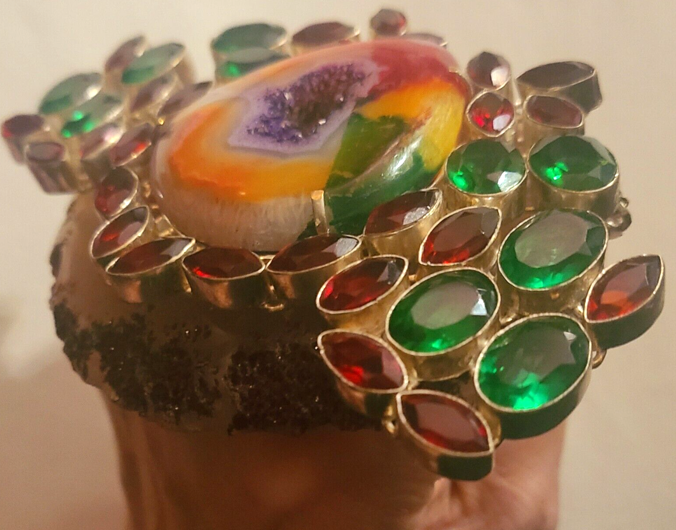Hand Ring Druzy Solar Agate Red Green Crystals, Finger Candy Adjust