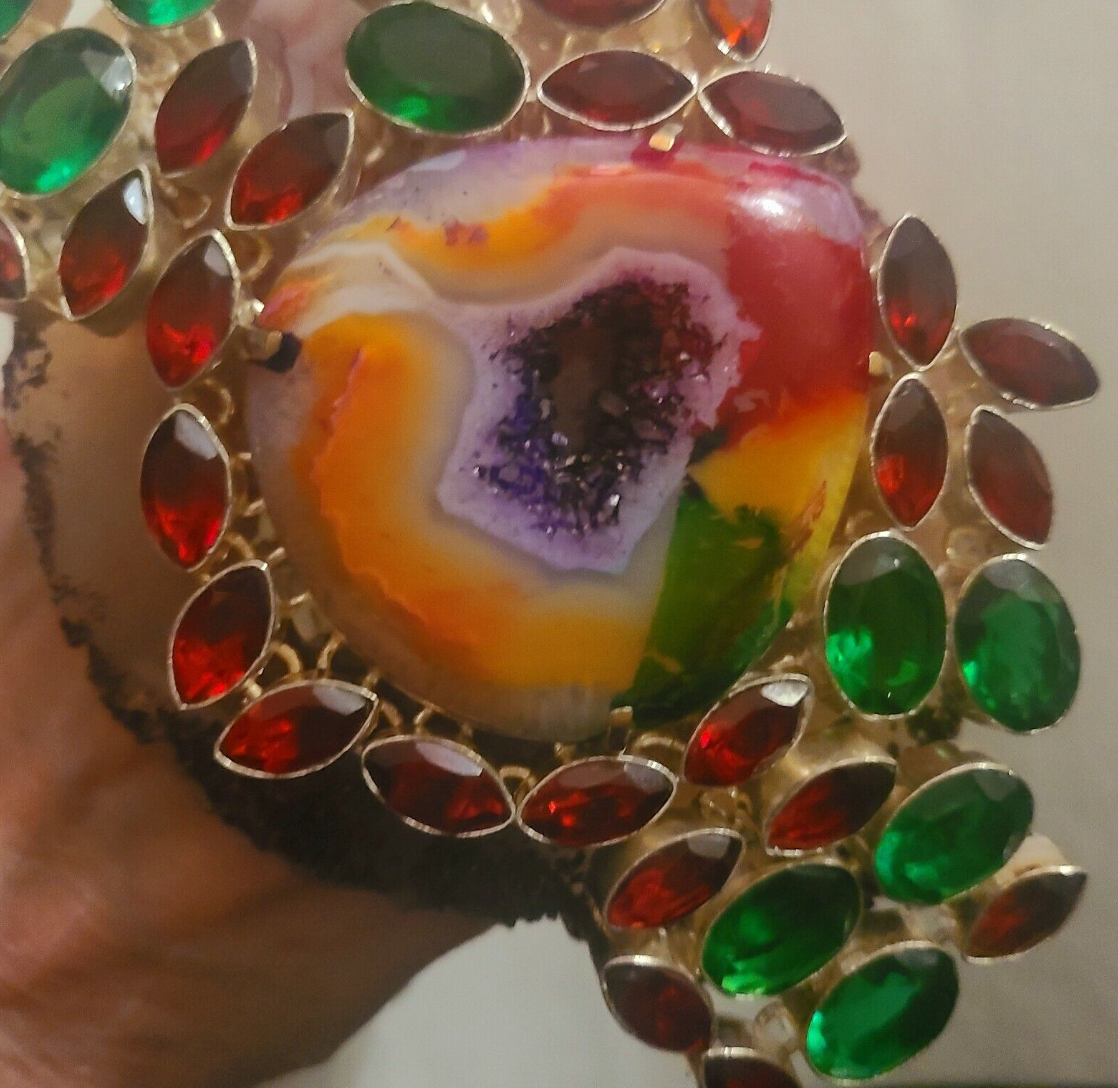 Hand Ring Druzy Solar Agate Red Green Crystals, Finger Candy Adjust
