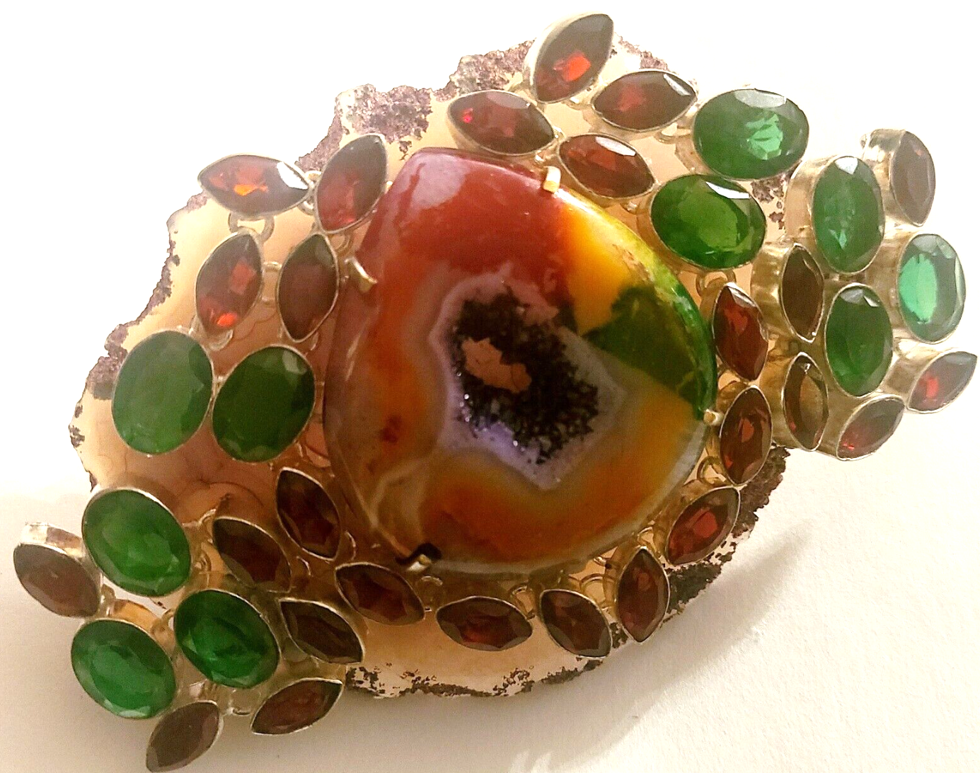 Hand Ring Druzy Solar Agate Red Green Crystals, Finger Candy Adjust