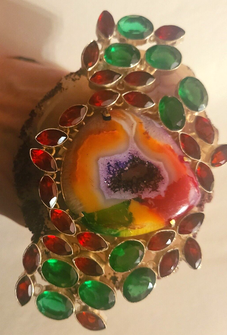 Hand Ring Druzy Solar Agate Red Green Crystals, Finger Candy Adjust