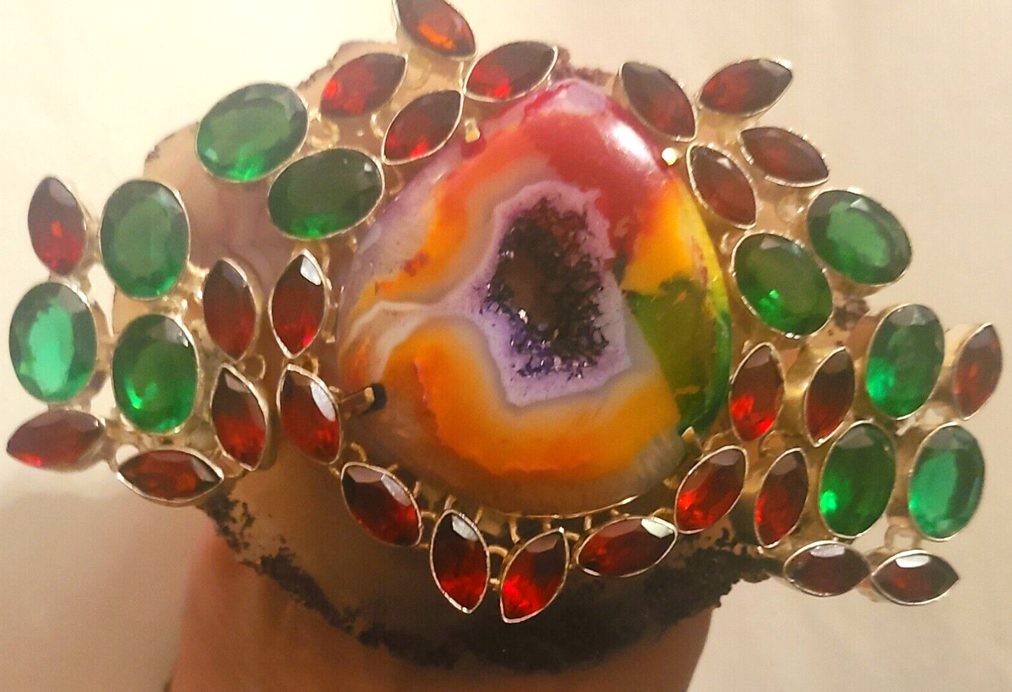 Hand Ring Druzy Solar Agate Red Green Crystals, Finger Candy Adjust