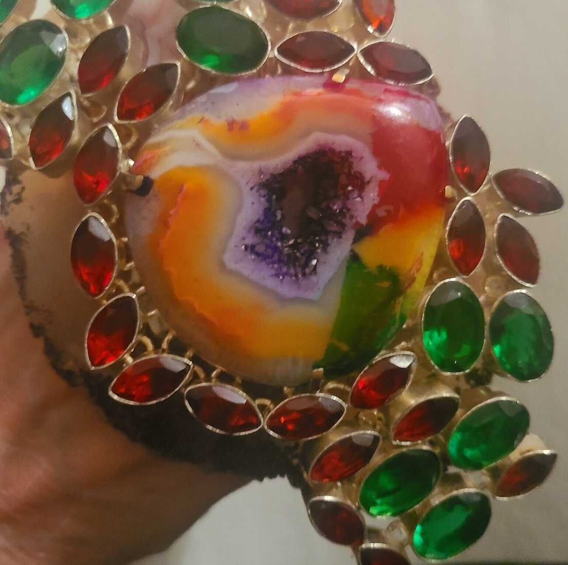 Hand Ring Druzy Solar Agate Red Green Crystals, Finger Candy Adjust