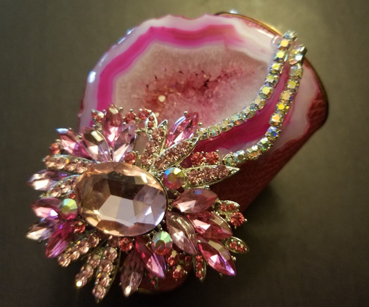 Hot Pink Agate, Faux Alligator & Rhinestone Statement Cuff