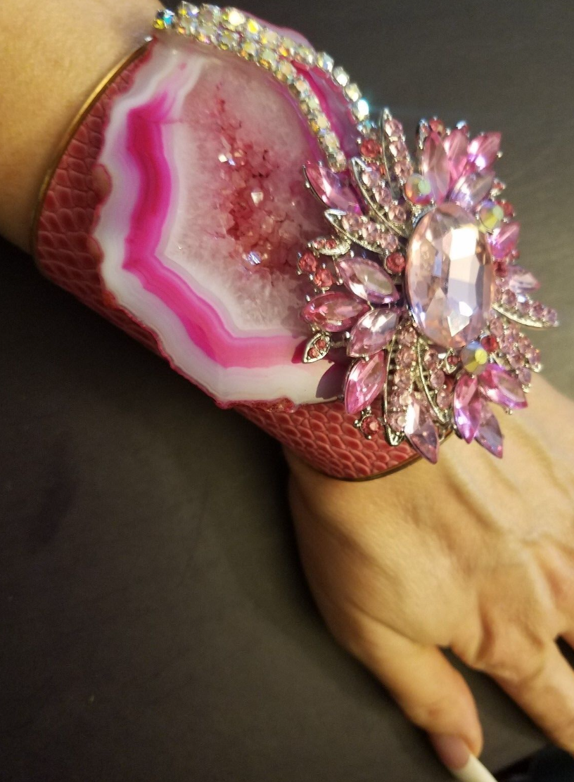 Hot Pink Agate, Faux Alligator & Rhinestone Statement Cuff - Luxe