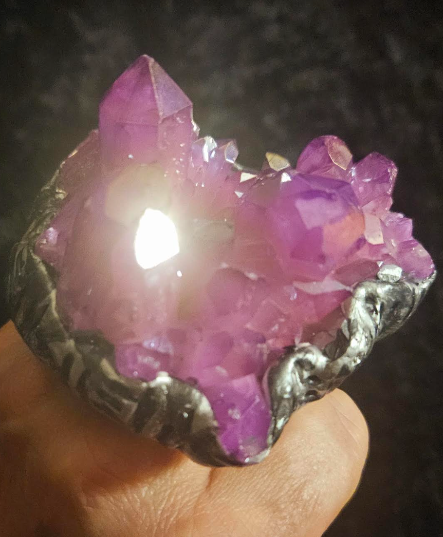 Lavender Fuchsia Aura Rough Quartz Two Finger Sculpted Statement Ri