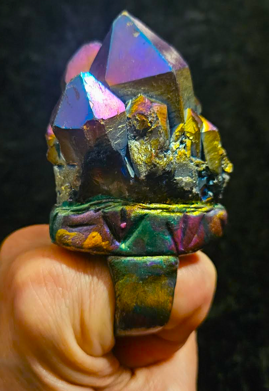 Jewel Tone Titanium Rough Quartz Sculpted Ring Size 8 9, Rough Rain