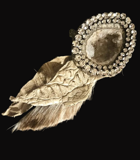 Rhinestone Geode, Crococile Leather & Fur Adjustable Statement Ring