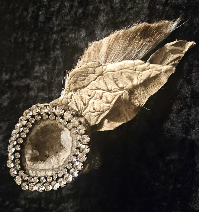 Rhinestone Geode, Crococile Leather & Fur Adjustable Statement Ring