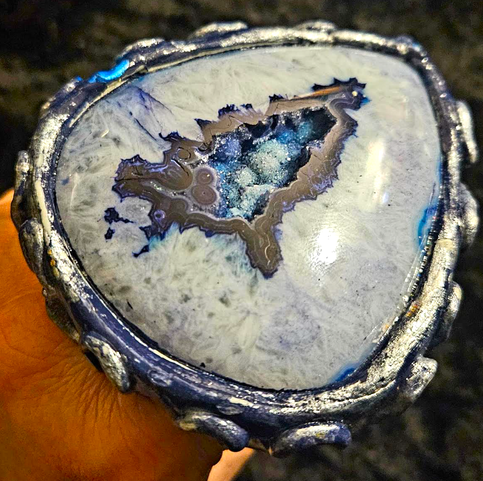 Oversized Blue Druzy Agate Sculpted Hand Ring, Two Finger Massive G