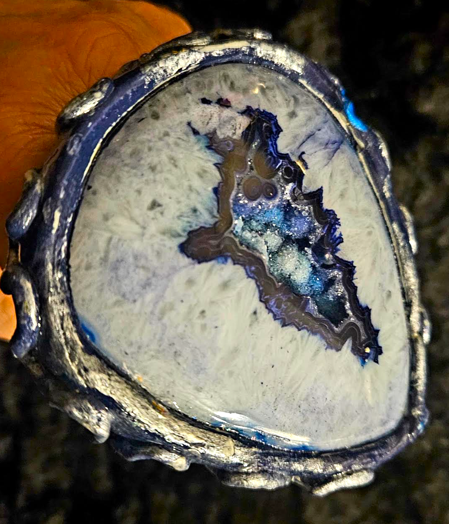 Oversized Blue Druzy Agate Sculpted Hand Ring, Two Finger Massive G