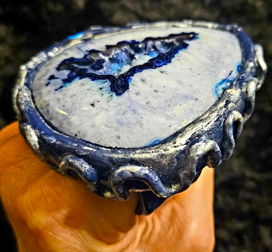 Oversized Blue Druzy Agate Sculpted Hand Ring, Two Finger Massive G