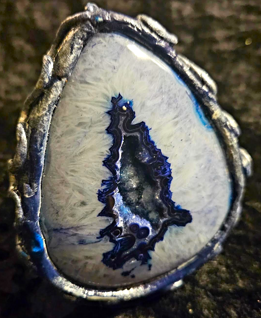 Oversized Blue Druzy Agate Sculpted Hand Ring, Two Finger Massive G