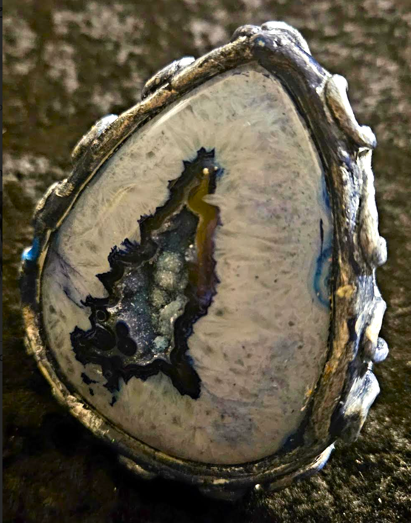 Oversized Blue Druzy Agate Sculpted Hand Ring, Two Finger Massive G