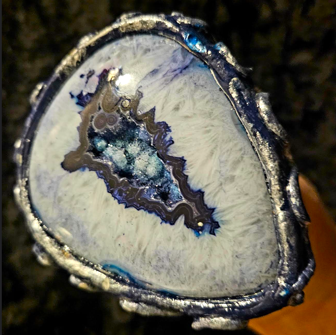 Oversized Blue Druzy Agate Sculpted Hand Ring, Two Finger Massive G