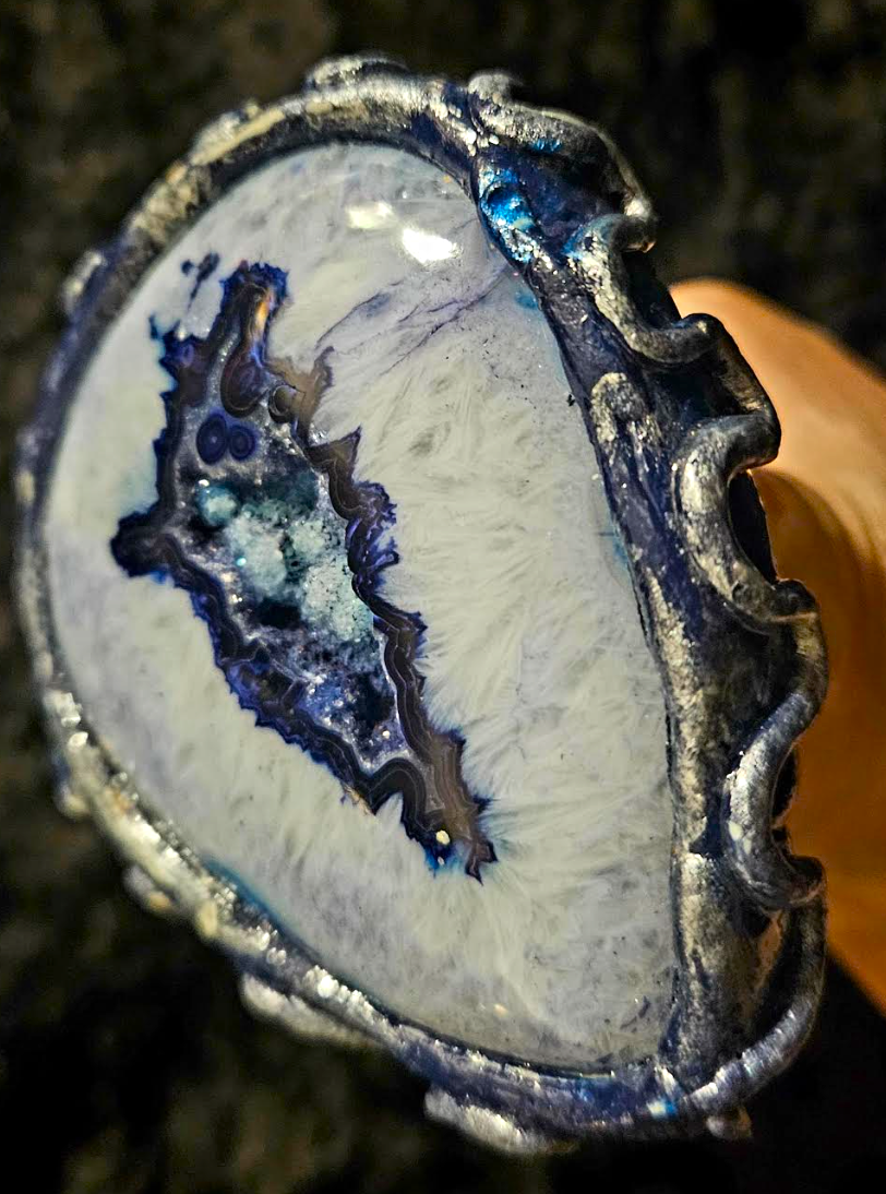 Oversized Blue Druzy Agate Sculpted Hand Ring, Two Finger Massive G