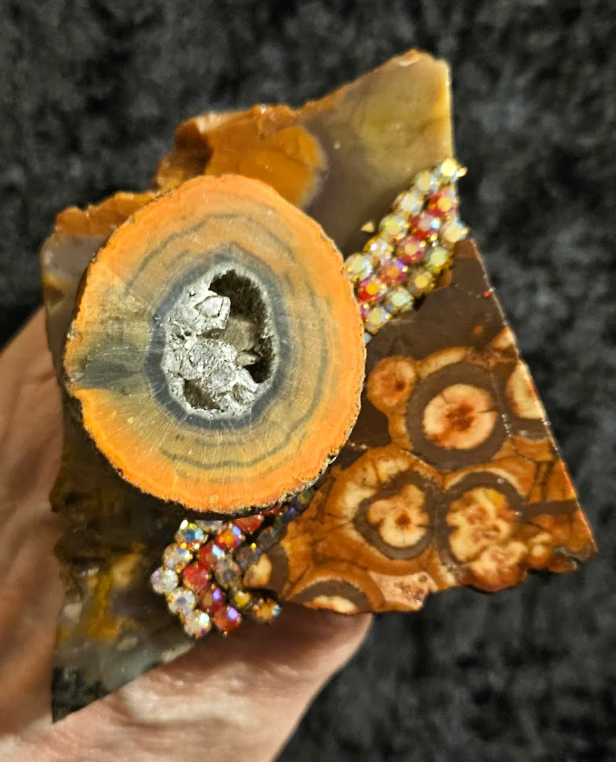 Jasper Slab Geode & Rhinestone Adjustable Statement Ring, Autumn Fi