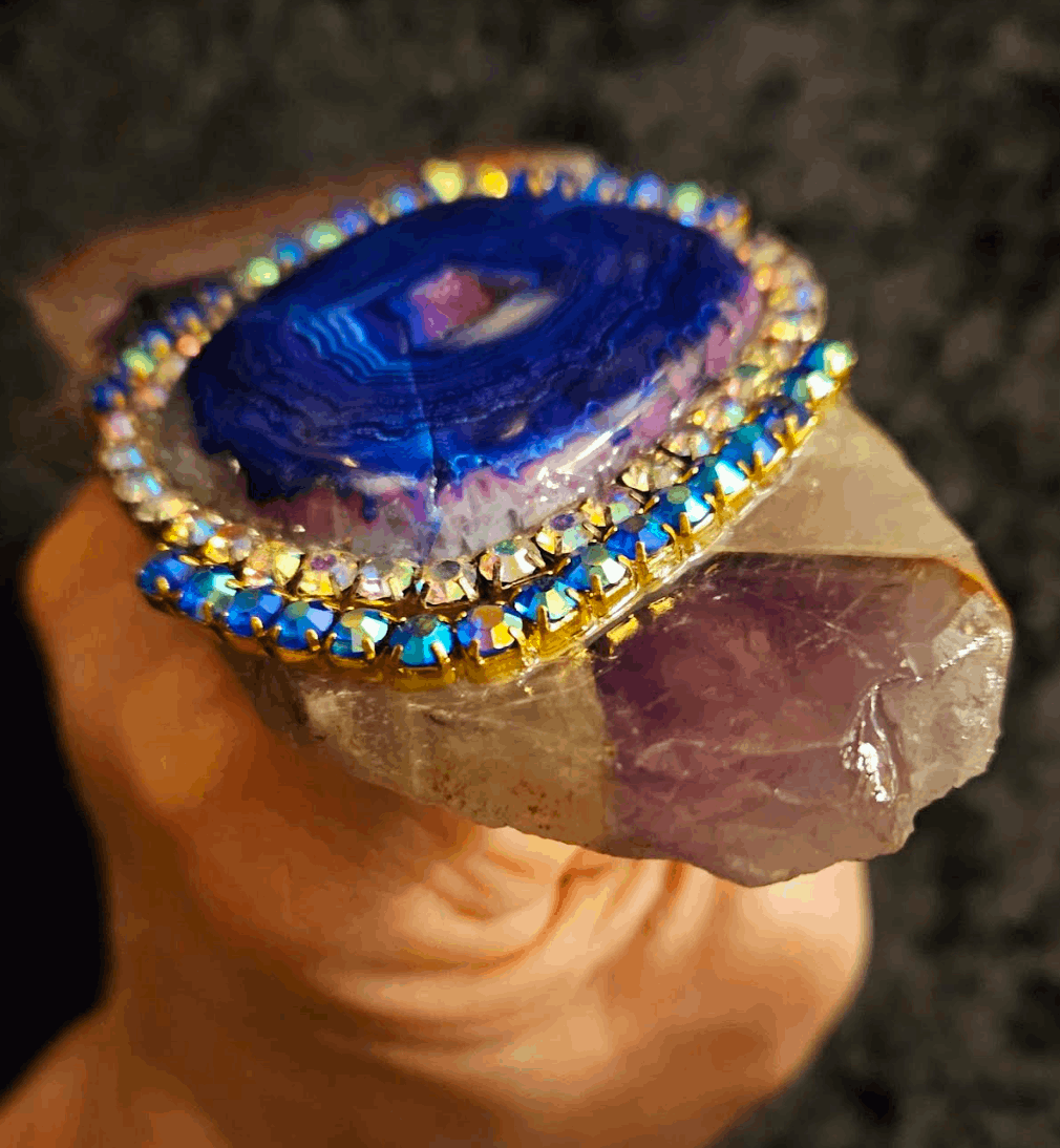 Amethyst Slab Druzy Agate & Rhinestone Statement Ring, Purple Blue Gemstone Two Finger Hand Ring, Exotic Wearable Art Jewelry