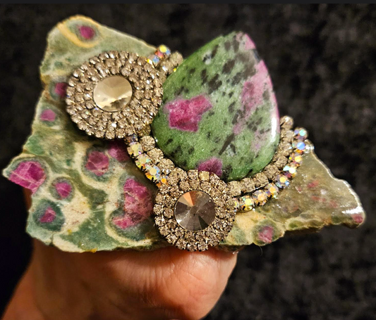 Ruby Zoisite & Rhinestone Slab Statement Ring, Avant Garde Adjustab