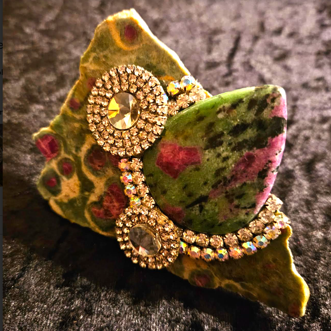 Ruby Zoisite & Rhinestone Slab Statement Ring, Avant Garde Adjustab