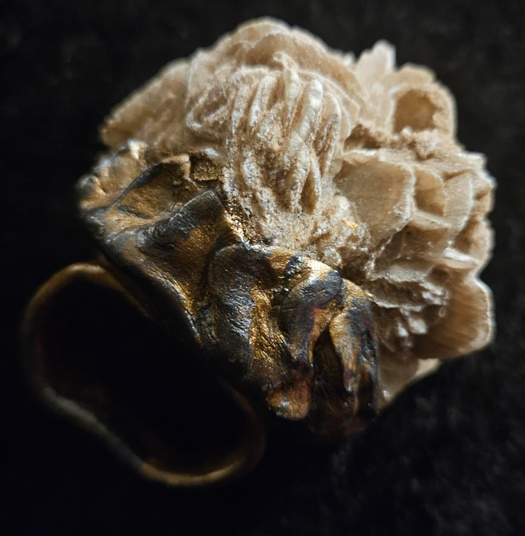 Massive Desert Rose Sculpted Two Finger Statement Ring, Beige Cryst