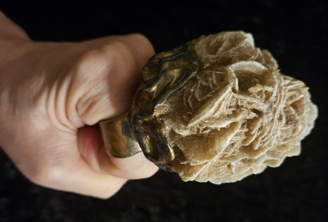 Massive Desert Rose Sculpted Two Finger Statement Ring, Beige Cryst