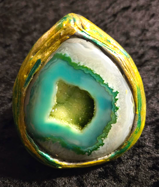 Green Druzy Agate Sculpted Two Finger Statement Ring, Teardrop Agat