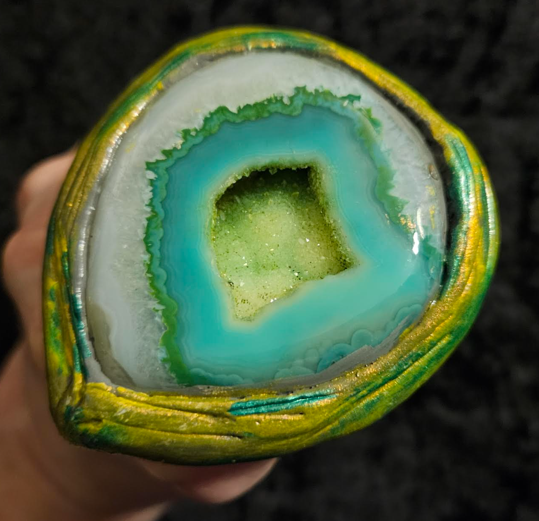 Green Druzy Agate Sculpted Two Finger Statement Ring, Teardrop Agat