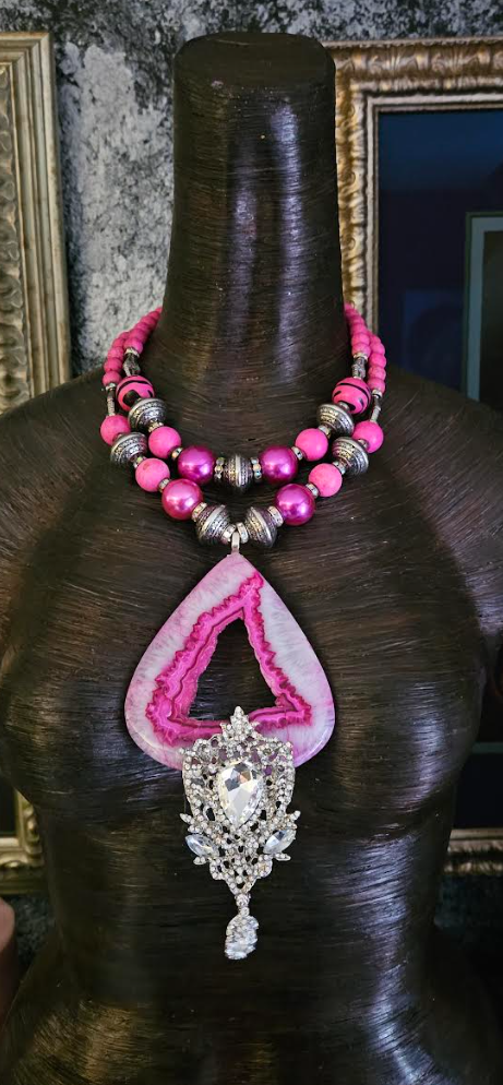 Hot Pink Druzy Agate & Rhinestone Gemstone Pendant, Fuchsia Beaded Sta
