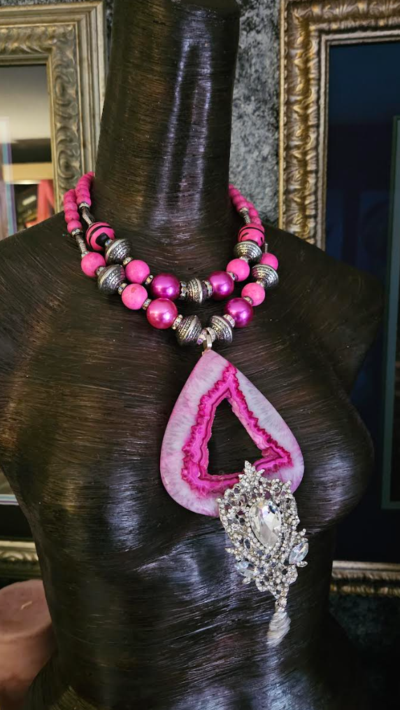Hot Pink Druzy Agate & Rhinestone Gemstone Pendant, Fuchsia Beaded Sta