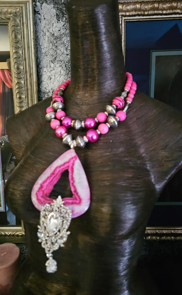 Hot Pink Druzy Agate & Rhinestone Gemstone Pendant, Fuchsia Beaded Sta
