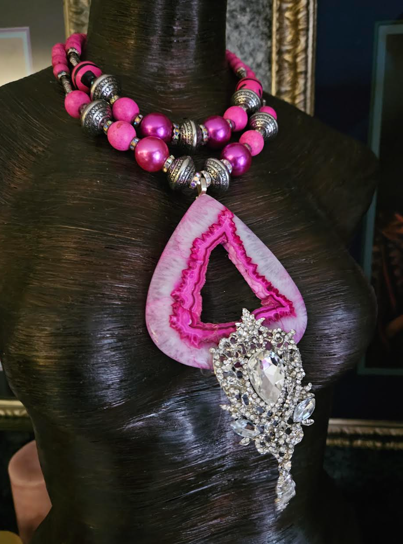 Hot Pink Druzy Agate & Rhinestone Gemstone Pendant, Fuchsia Beaded Sta