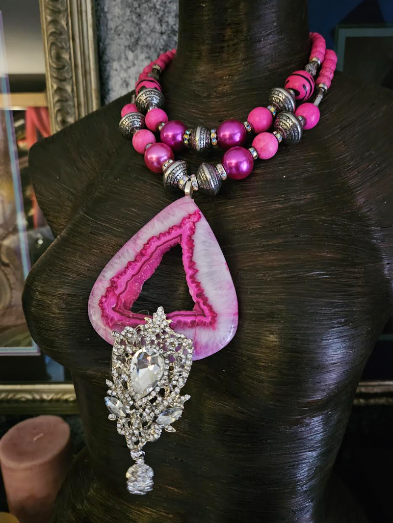 Hot Pink Druzy Agate & Rhinestone Gemstone Pendant, Fuchsia Beaded Sta