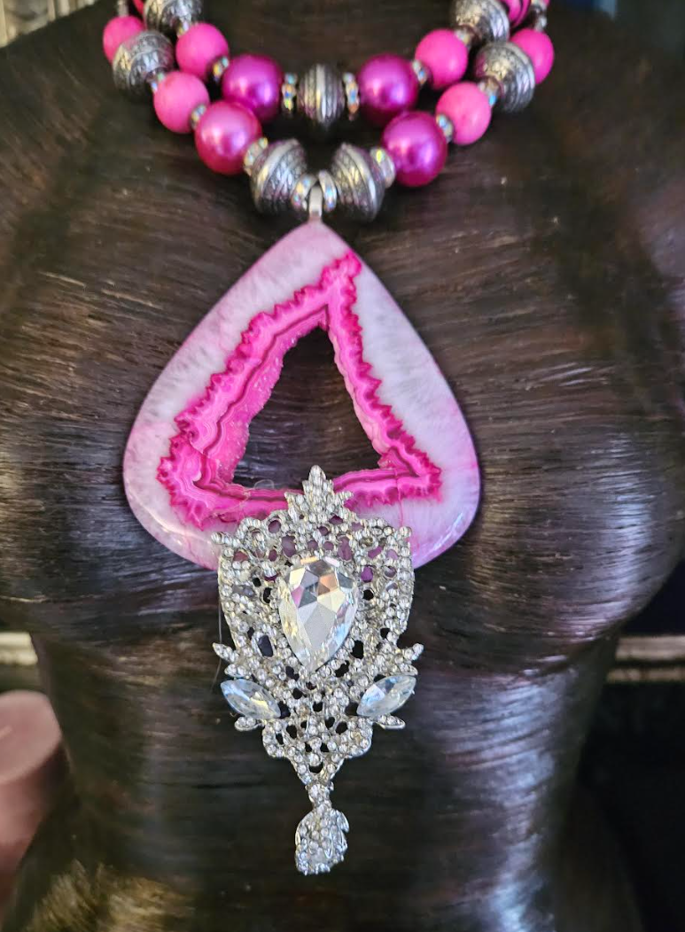 Hot Pink Druzy Agate & Rhinestone Gemstone Pendant, Fuchsia Beaded Sta