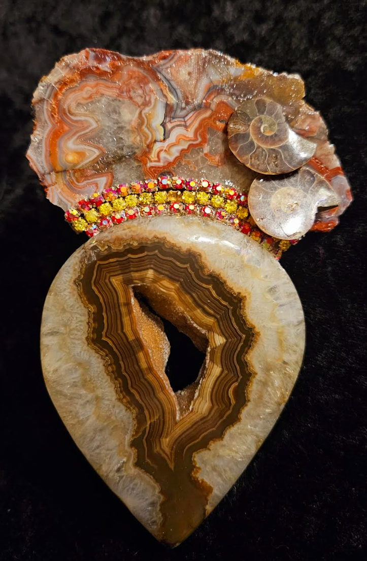 Jasper Slab Ammonite Druzy Agate & Rhinestone Hand Ring, Earth Tone