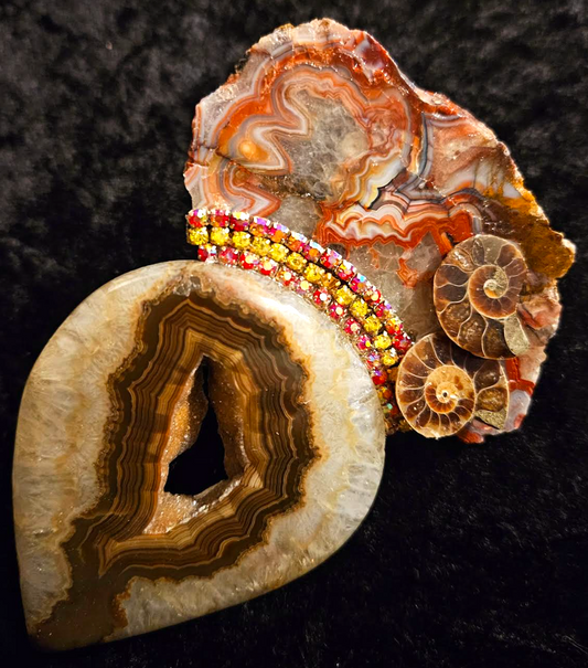 Jasper Slab Ammonite Druzy Agate & Rhinestone Hand Ring, Earth Tone