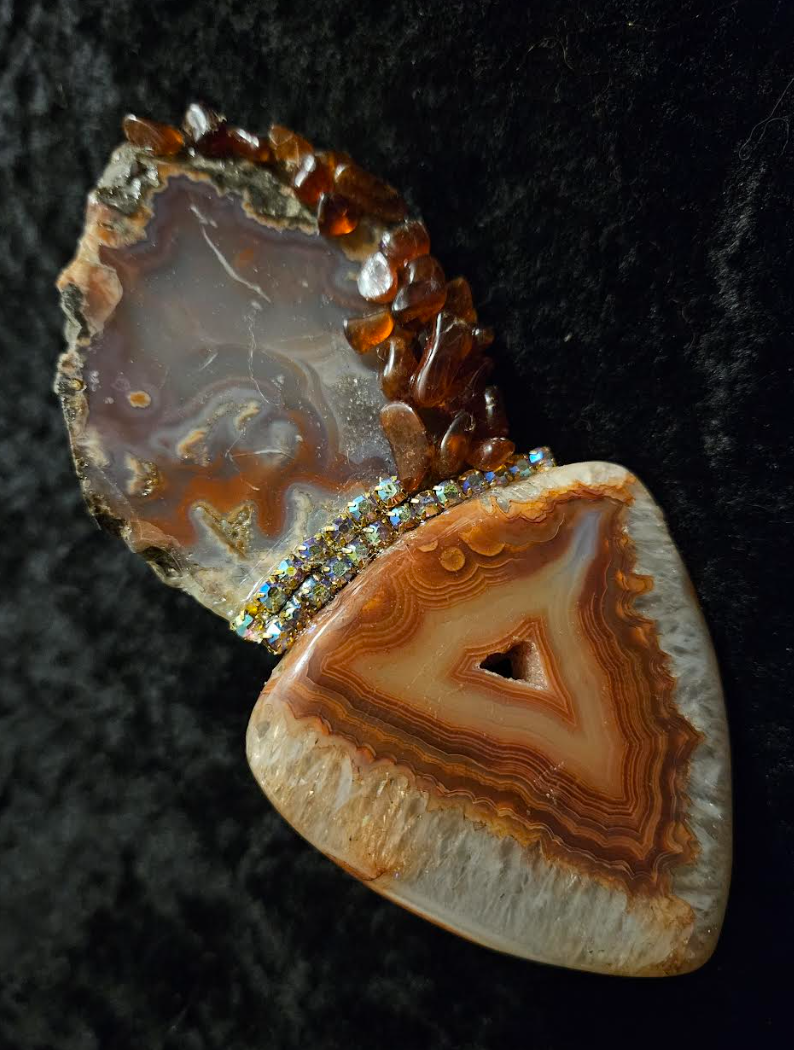 Druzy Agate Jasper Slab & Amber Chip Earthy Hand Ring, Adjustable G