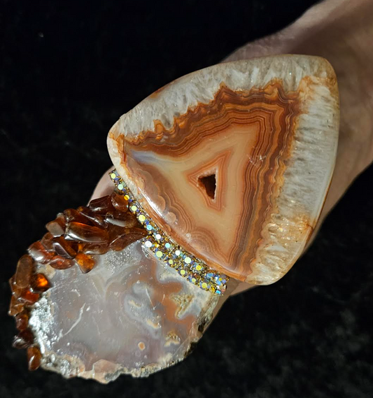 Druzy Agate Jasper Slab & Amber Chip Earthy Hand Ring, Adjustable G