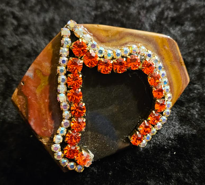 Polished Jasper Black & Red Brown Abstract Rhinestone Hand Ring, Ov