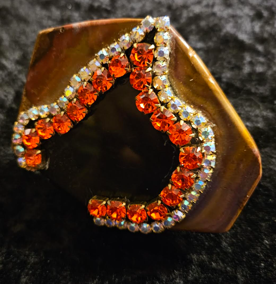 Polished Jasper Black & Red Brown Abstract Rhinestone Hand Ring, Ov