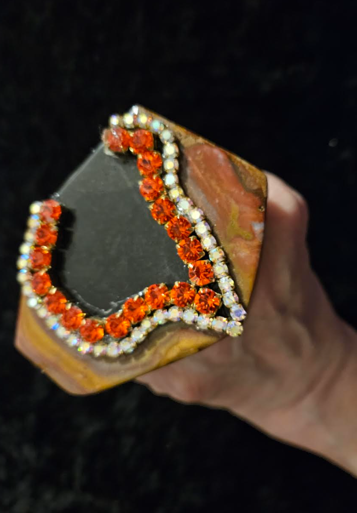 Polished Jasper Black & Red Brown Abstract Rhinestone Hand Ring, Ov