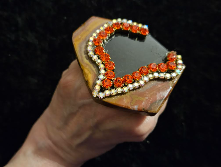 Polished Jasper Black & Red Brown Abstract Rhinestone Hand Ring, Ov